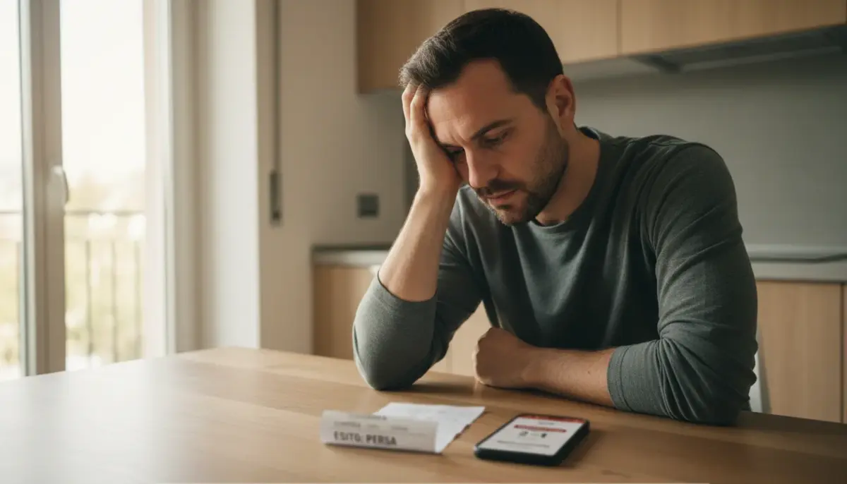 Errori scommesse calcio: uomo frustrato davanti a schedina persa