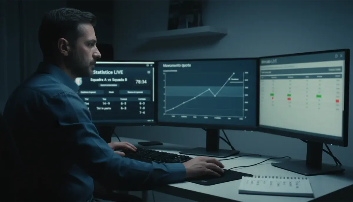 Strategie scommesse avanzate: trader professionista con più schermi