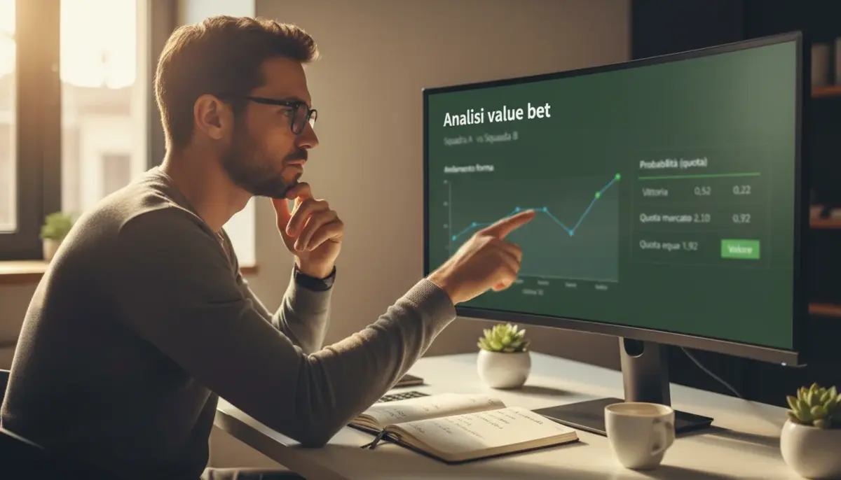 Value bet calcio: analista studia statistiche partite su schermo